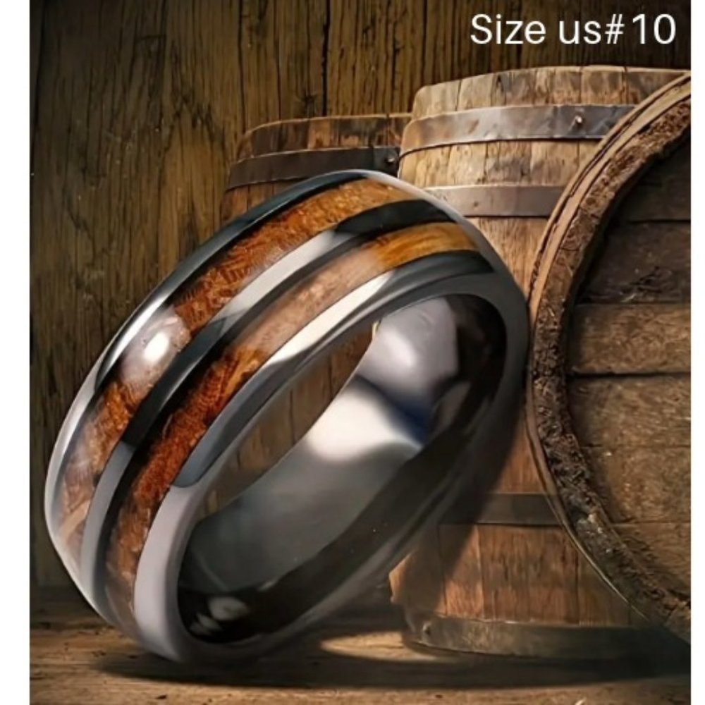 Elegant Whisky Barrel with Black Inlay Ring Size #10